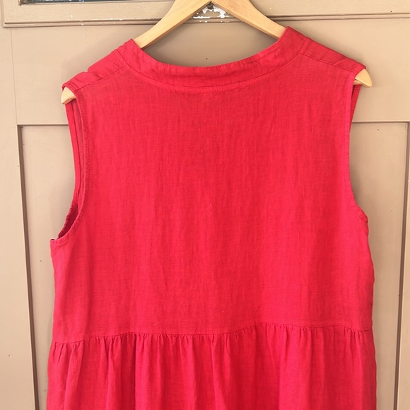 Bellambia Sz L Red 100% Linen Boho Sleeveless Tiered Maxi Dress Split Colar - Picture 5 of 6